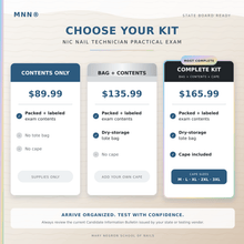 Load image into Gallery viewer, Comparison of MNN NIC Nail Technician State Board Kit options and prices